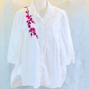 Athena Marie Elegant White Shirt with Pink Floral Embroidery Size XL